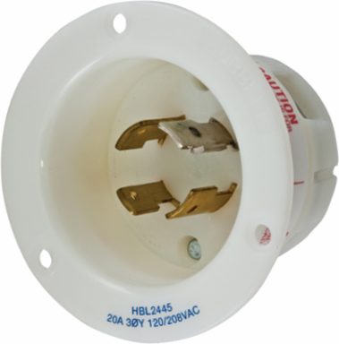Twist-Lock Flanged Inlet, 20A 3-Phase 120/208V AC, 4-Pole, Nylon, White