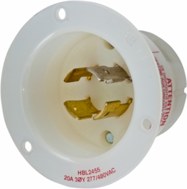 Insulgrip Twist-Lock Flanged Inlet, 20A, 3-Phase WYE 277/480V AC, 4-Pole, 4-Wire, Nylon, White