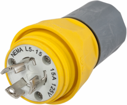 Watertight Twist-Lock Plug, NEMA L5-15P, 15A, 125V, 2-Pole, Yellow
