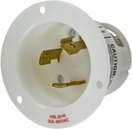 Locking Device Flanged Inlet, 30A 480V, 2-Pole 3-Wire, White, 2.88 Inch