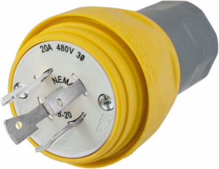 Watertight Twist-Lock Plug, 20A, 480V AC, 3-Pole, 4-Wire, Yellow