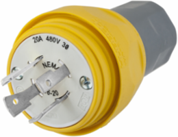 Watertight Twist-Lock Plug, 20A, 480V AC, 3-Pole, 4-Wire, Yellow