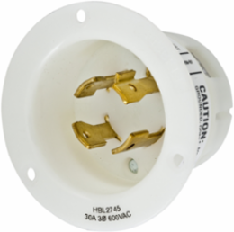 Twist-Lock Flanged Inlet, 30A 3-Phase, 600V AC, 3-Pole 4-Wire, White