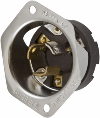 Twist-Lock® Flanged Inlet, 15A 277V AC, 2-Pole 3-Wire, Stainless Steel, 2.31 x 1.75 x 1.09 Inch