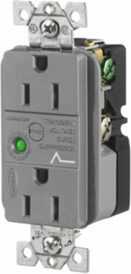 TVSS Duplex Receptacle, 15A 125V, 5-15R, Gray, Indoor Use, Alarm Indicator