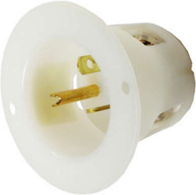 Flanged Male Inlet, 20A 250V, 2-Pole 3-Wire, White, 1.72 x 2.56 x 2.56 Inch