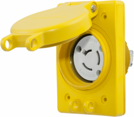 Watertight Twist-Lock Receptacle, 20A, 125/250V, 3-Pole, Yellow, 4.56 Inch x 3.10 Inch x 3.46 Inch