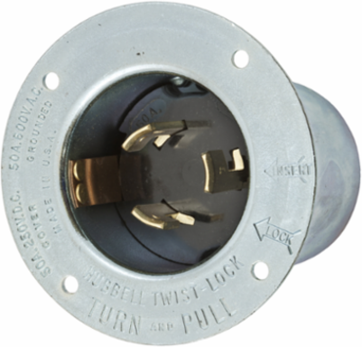 Twist-Lock Flanged Inlet 50A 250V/600V AC, 3-Pole 4-Wire