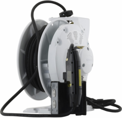 White Industrial Cord Reel, 45 Ft, 20 A, 250 VAC, GFCI