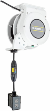 Motorized Cord Reel, 25ft, #12/3 SJO, Black Portable Outlet Box with GFCI Module and (2) 20A Tamper Resistant Duplex Receptacles