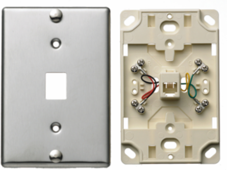Wall Phone Plate, 6-Position 4-Conductor, Stainless Steel, 3 Inch Width