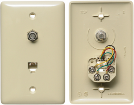 1-Gang Wall Plate with F Connector Jack, 6-Position, 4-Conductor, Ivory
