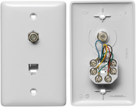 1-Gang Wallplate with F Connector, 6-Position 6-Conductor, Screw Terminal, White
