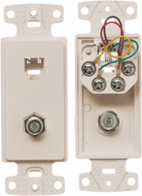 Light Almond Coax F Connector Plate Frame with 6-Position Jack, UL Listed, 4 Inch