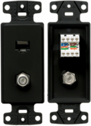 Black Plate Frame with F Coax and Cat5e Jack, Standard Size, Voice/Data