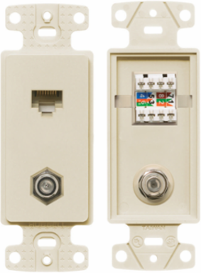Light Almond 1-Gang Frame Plate with F Connector and Cat5e Jack, High-Impact Thermoplastic
