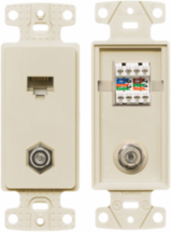 Light Almond 1-Gang Frame Plate with F Connector and Cat5e Jack, High-Impact Thermoplastic