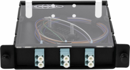 Fiber Splice Cassette, 6 Fibers, Aqua LC Duplex Adapters, Zirconia Ceramic, MM