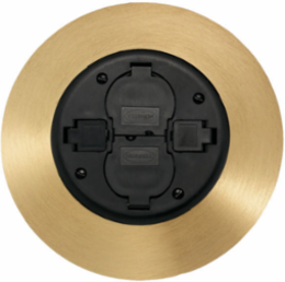 Fire-Rated Poke-Through 2x2 Flush Duplex Fitting, 3 Inch Core Hole, Black/Brass Finish
