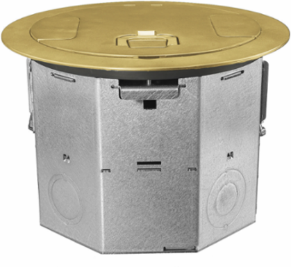4-Gang Round Floor Box, 6.47 Inch Deep, Brass Cover, 7.33 x 8.05 Inch Dimensions