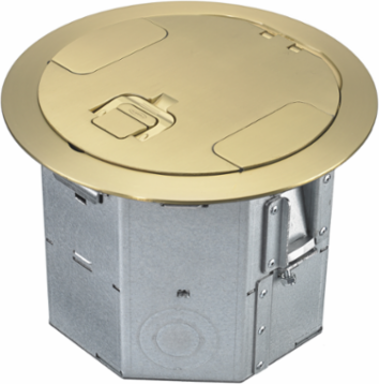 4-Gang Round Floor Box, 6.47 Inch Deep, Brass Cover, 7.33 x 8.05 Inch Dimensions