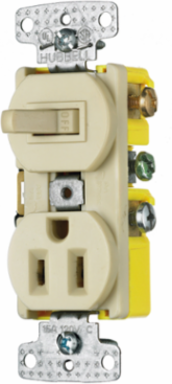 Three-Way Toggle Switch and 15A Single Receptacle Combo, 120 VAC, Side Wired, UL Listed