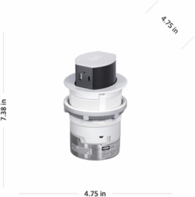 20A Tri-Power Pop Up Counter Receptacle, Surface Mount, 125V, White, 4.75 Inch x 4.75 Inch x 7.38 Inch