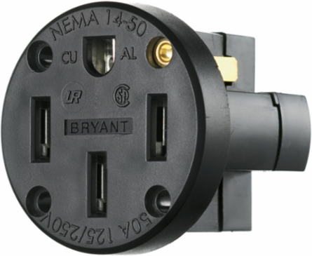 50A 125/250V Straight Blade Panel Mount Receptacle, 3-Pole 4-Wire, NEMA 14-50R, Black