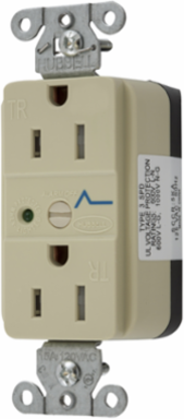 Duplex Receptacle, 15A 125V, 2-Pole, Surge Protection, Nylon, Ivory