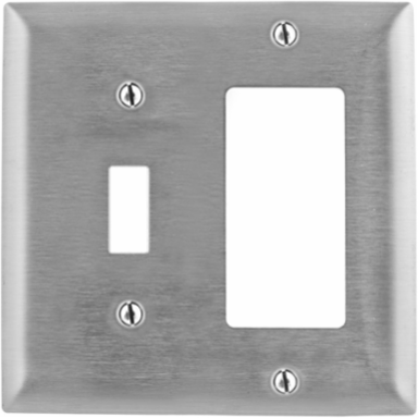 Stainless Steel 2-Gang Wallplate, Standard Size, 4.57 Inch Width, 1 Toggle & 1 GFCI Opening