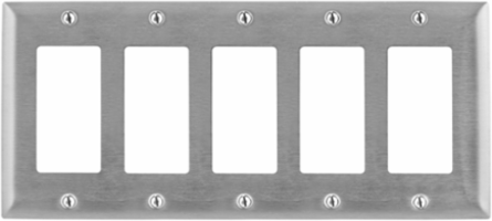Stainless Steel 5-Gang Wallplate, Standard Size, Protective Film, UL Listed