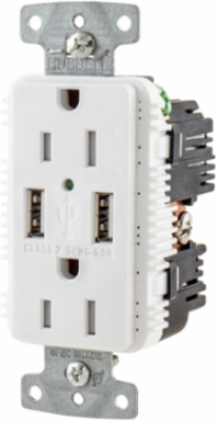 USB Charger Duplex Receptacle, 15A, 125V, 2-Pole, 2 USB Ports, White