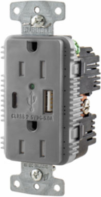 USB Charger Duplex Receptacle, 15A 125V,2-Pole 3-Wire Grounding, 5-15R, 1) 5A "C" USB and "A" Ports, Gray