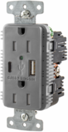 USB Charger Duplex Receptacle, 15A 125V,2-Pole 3-Wire Grounding, 5-15R, 1) 5A "C" USB and "A" Ports, Gray
