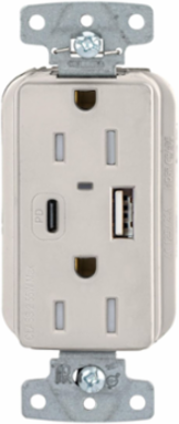 Tamper Resistant Receptacle NEMA 5-15R 15A 2-Pole 3-Wire USB 55W Light Almond