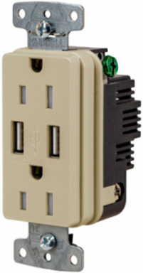 USB Charger Duplex Receptacle, 15A 125V, 2-Pole, 3.1A Ports