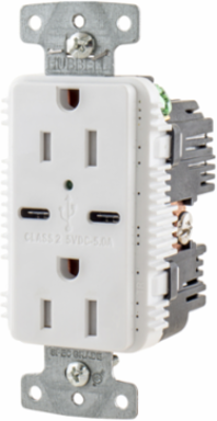 USB Charger Duplex Receptacle, 15A 125V,2-Pole 3-Wire Grounding, 5-15R, 2) 5A "C" USB Ports, White