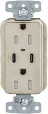 Tamper Resistant Receptacle, NEMA 5-15R, 2-Pole, 15A, 55W USB Ports, Ivory