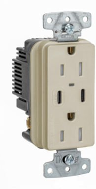 Tamper Resistant Receptacle, NEMA 5-15R, 2-Pole, 15A, 55W USB Ports, Ivory