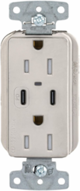 Tamper Resistant Receptacle, NEMA 5-15R, 2-Pole 3-Wire, 55W USB PD, Light Almond