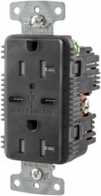 USB Charger Duplex Receptacle, 20A 125V,2-Pole 3-Wire Grounding, 5-20R, 2) 5A "C" USB Ports, Black