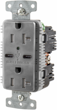 USB Charger Duplex Receptacle, 20A 125V,2-Pole 3-Wire Grounding, 5-20R, 2) 5A "C" USB Ports, Gray