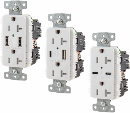 USB Charger Duplex Receptacle, 20A 125V,2-Pole 3-Wire Grounding, 5-20R, 2) 5A "C" USB Ports, White