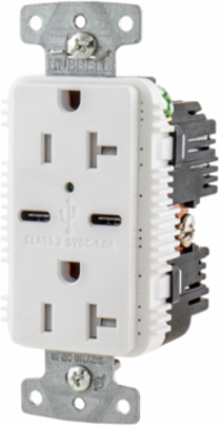 USB Charger Duplex Receptacle, 20A 125V,2-Pole 3-Wire Grounding, 5-20R, 2) 5A "C" USB Ports, White