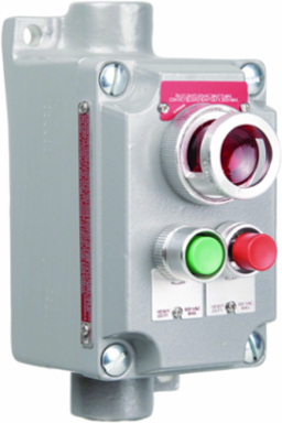 Aluminum Control Station with 3/4 Inch Hub, Two Mini Push Buttons & Pilot Light