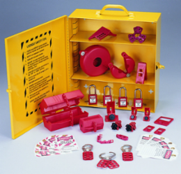 Industrial Lockout/Tagout Station with Wall Mount, Metal Cabinet, Kit Includes 11 Devices