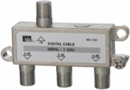 1 GHz 3-Way Coaxial Cable Splitter, Nickel-Plated Zinc, 4-8 dB Loss