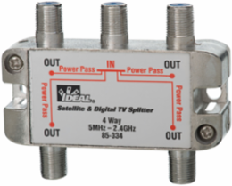 2.4 GHz 4-Way Satellite & Digital TV Splitter, Nickel Plated Zinc, Power-Pass