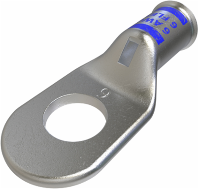 Copper Compression Lug, Conductor Size 6, 1 Hole, 5/16in Bolt Size, Standard Barrel, Sight Window, Tin Plated, UL, CSA