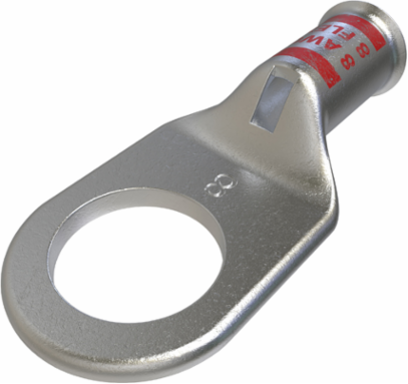 Copper Compression Lug, Conductor Size 8, 1 Hole, 3/8in Bolt Size, Standard Barrel, Sight Window, Tin Plated, UL, CSA